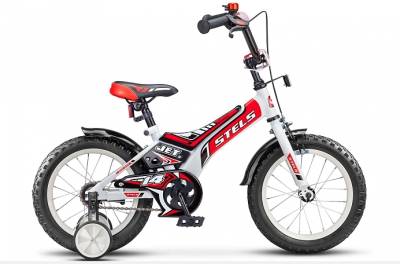 Велосипед 12" СТЕЛС "jet" (стальной обод, цветное седло, усиленные опорные колеса, звонок, защита, бало-черный)
