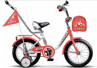 Велосипед 12" СТЕЛС "pilot-110" (стальной обод, цветное седло, усиленные опорные колеса, звонок, защита, поддержиавающая ручка, красно-белый)