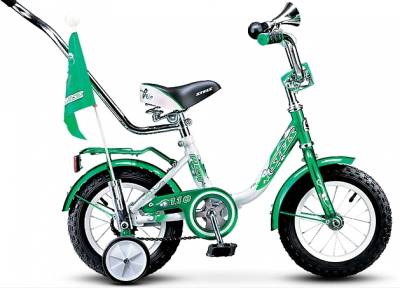 Велосипед 12" СТЕЛС "pilot-110" (стальной обод, цветное седло, усиленные опорные колеса, звонок, защита, поддержиавающая ручка, бело-зеленый)