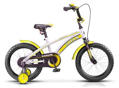 Велосипед 12" СТЕЛС "arrow" (стальной обод, цветное седло, усиленные опорные колеса, звонок, защита, бало-желтый)