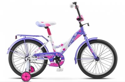 Велосипед 18" СТЕЛС "talisman" (стальной обод, рама 11", цветное седло, усиленные опорные колеса, звонок, защита, бело-фиолетовый)