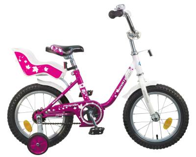 Велосипед 14" NOVATRACK "MAPLE" БЕЛО-СИРЕНЕВЫЙ (стальной обод, цветное седло, усиленные опорные колеса, звонок, защита, сидение для куклы ) МОДЕЛЬ 201