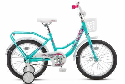 Велосипед 18" СТЕЛС "flyte lady" (стальн. обод, доп. колеса, корзина, торм. ножной/ v-brake)бирюз