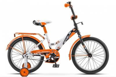 Велосипед 18" СТЕЛС "talisman" (стальной обод, рама 11", цветное седло, усиленные опорные колеса, звонок, защита, бело-оранжевый)