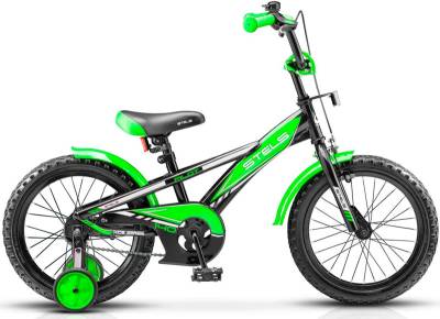 Велосипед 18" СТЕЛС "pilot-140" (стальной обод, рама 8.5",цветное седло, усиленные опорные колеса, звонок, защита, черно--зеленый