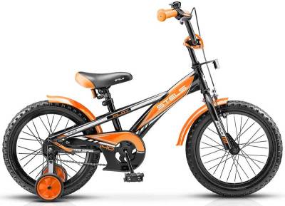 Велосипед 18" СТЕЛС "pilot-140" (стальной обод, рама 8.5",цветное седло, усиленные опорные колеса, звонок, защита, черно-оранжевый)