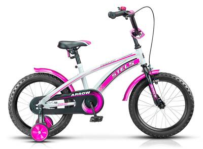 Велосипед 12" СТЕЛС "arrow" (стальной обод, цветное седло, усиленные опорные колеса, звонок, защита, бало-розовый)